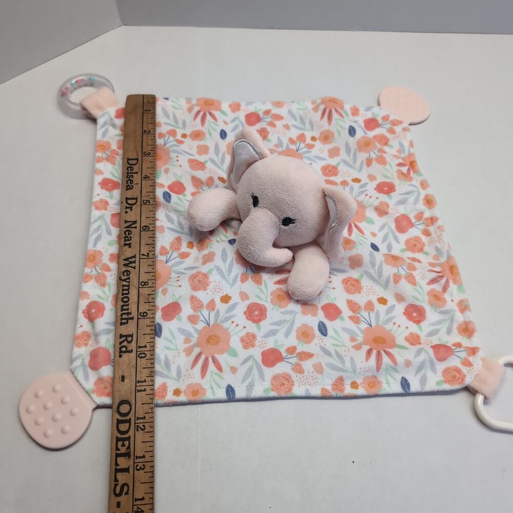 Modern Baby Elephant Lovey Plush w/Teether & Rattle Snuggle Blankie Pink Floral - Picture 12 of 13